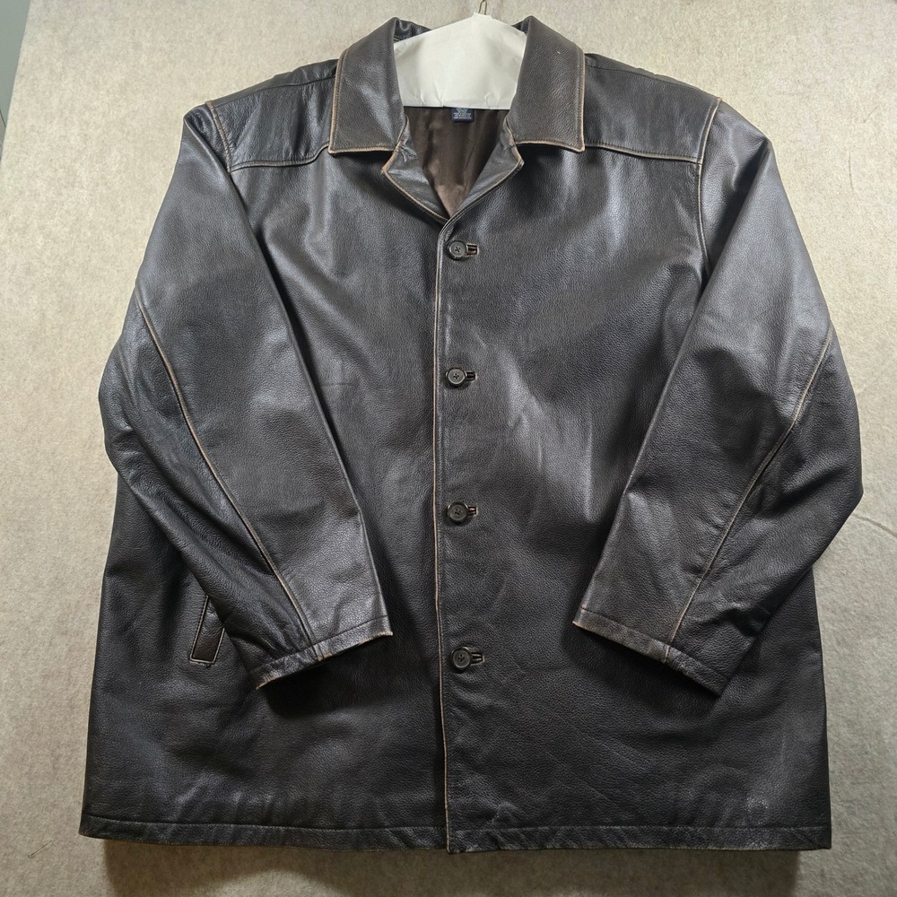 Cherokee Mens XXL Dark Brown Genuine Leather Car Coat Button Front Jacket